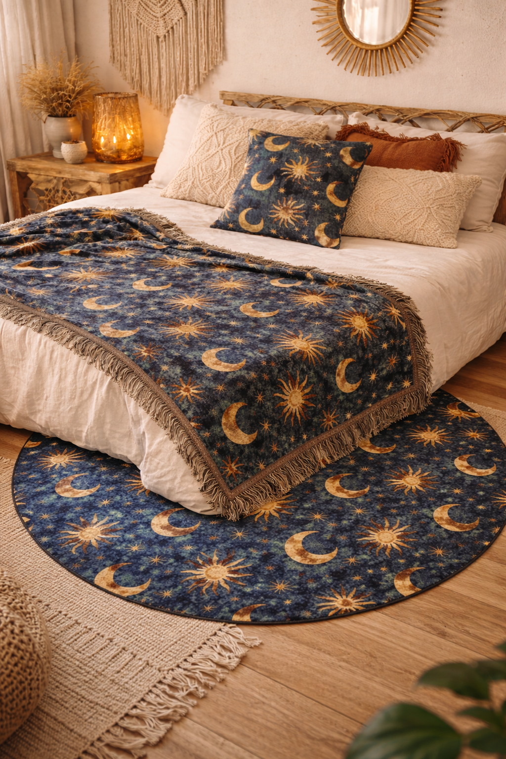 Celestial Boho woven blanket, matching woven pillow and round rug styled together in a boho bedroom