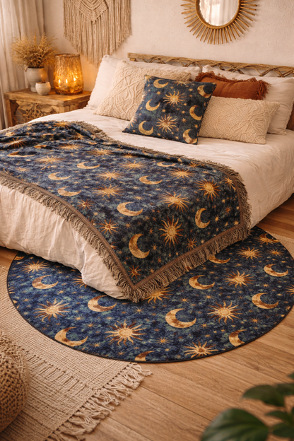 Celestial Boho woven blanket, matching woven pillow and round rug styled together in a boho bedroom