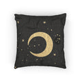 Celestial Moon woven pillow with a large gold crescent moon and stars on charcoal grey, front view