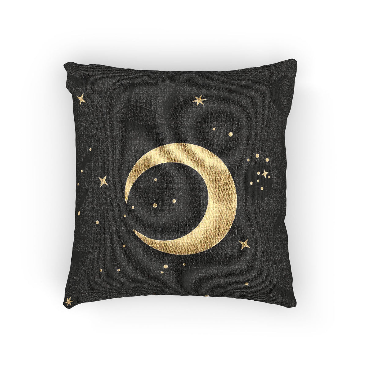 Celestial Moon woven pillow with a large gold crescent moon and stars on charcoal grey, front view