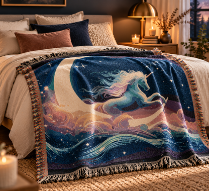 Celestial unicorn woven blanket styled in an atmospheric bedroom
