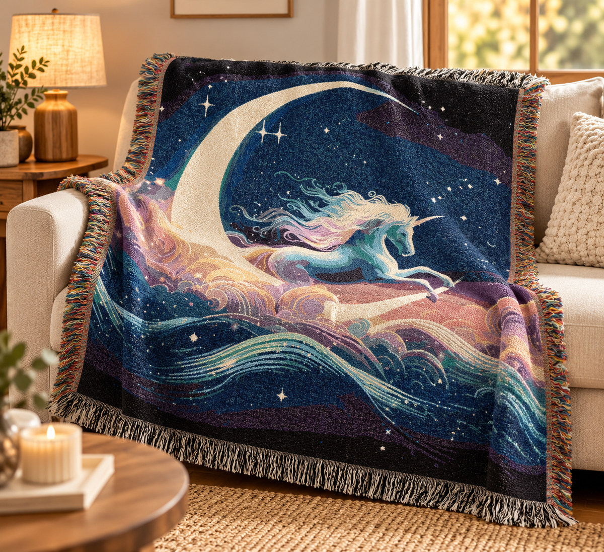 Celestial unicorn woven blanket styled in a cozy starry-night setting