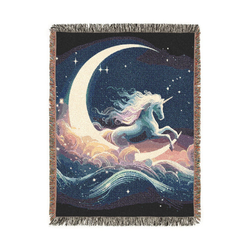 Celestial unicorn woven blanket featuring a unicorn leaping across a crescent moon on a starry night sky