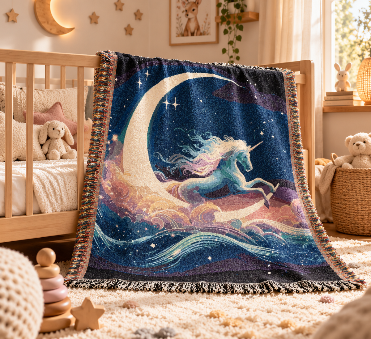 Celestial unicorn woven blanket draped over a crib in a dreamy nursery