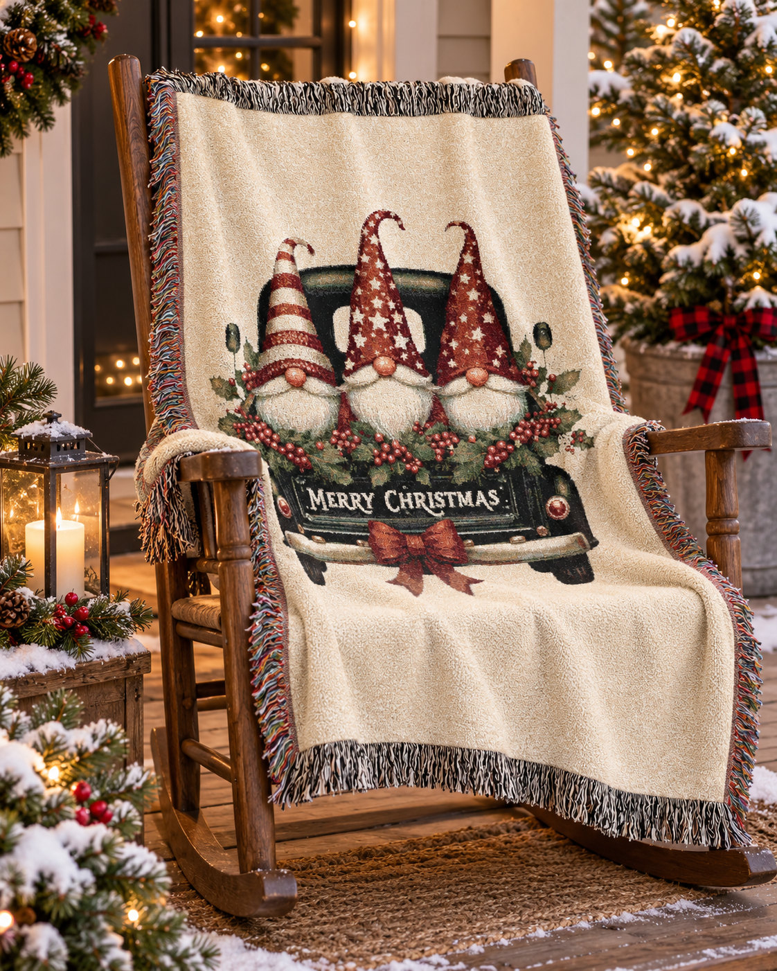 Christmas woven blanket featuring three gnomes riding in a vintage truck bed with holly, berries and a Merry Christmas message