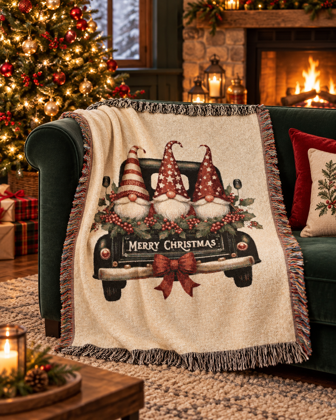 Christmas woven blanket featuring three gnomes riding in a vintage truck bed with holly, berries and a Merry Christmas message