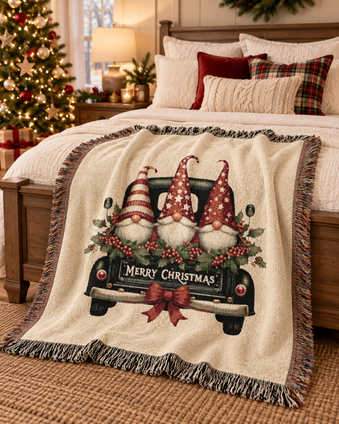 Christmas woven blanket featuring three gnomes riding in a vintage truck bed with holly, berries and a Merry Christmas message