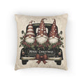 Christmas woven pillow featuring three gnomes riding in a vintage truck bed with holly, berries and a Merry Christmas message