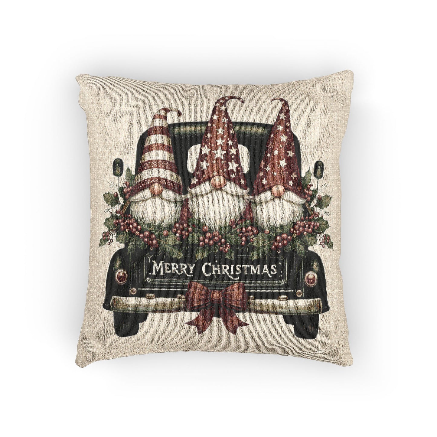 Christmas woven pillow featuring three gnomes riding in a vintage truck bed with holly, berries and a Merry Christmas message