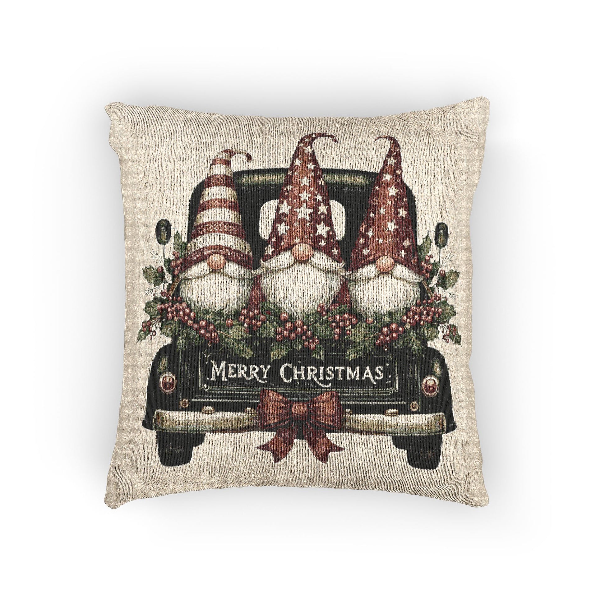 Christmas woven pillow featuring three gnomes riding in a vintage truck bed with holly, berries and a Merry Christmas message