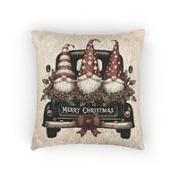 Christmas woven pillow featuring three gnomes riding in a vintage truck bed with holly, berries and a Merry Christmas message
