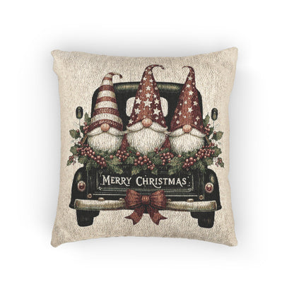 Christmas woven pillow featuring three gnomes riding in a vintage truck bed with holly, berries and a Merry Christmas message
