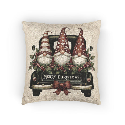 Christmas woven pillow featuring three gnomes riding in a vintage truck bed with holly, berries and a Merry Christmas message