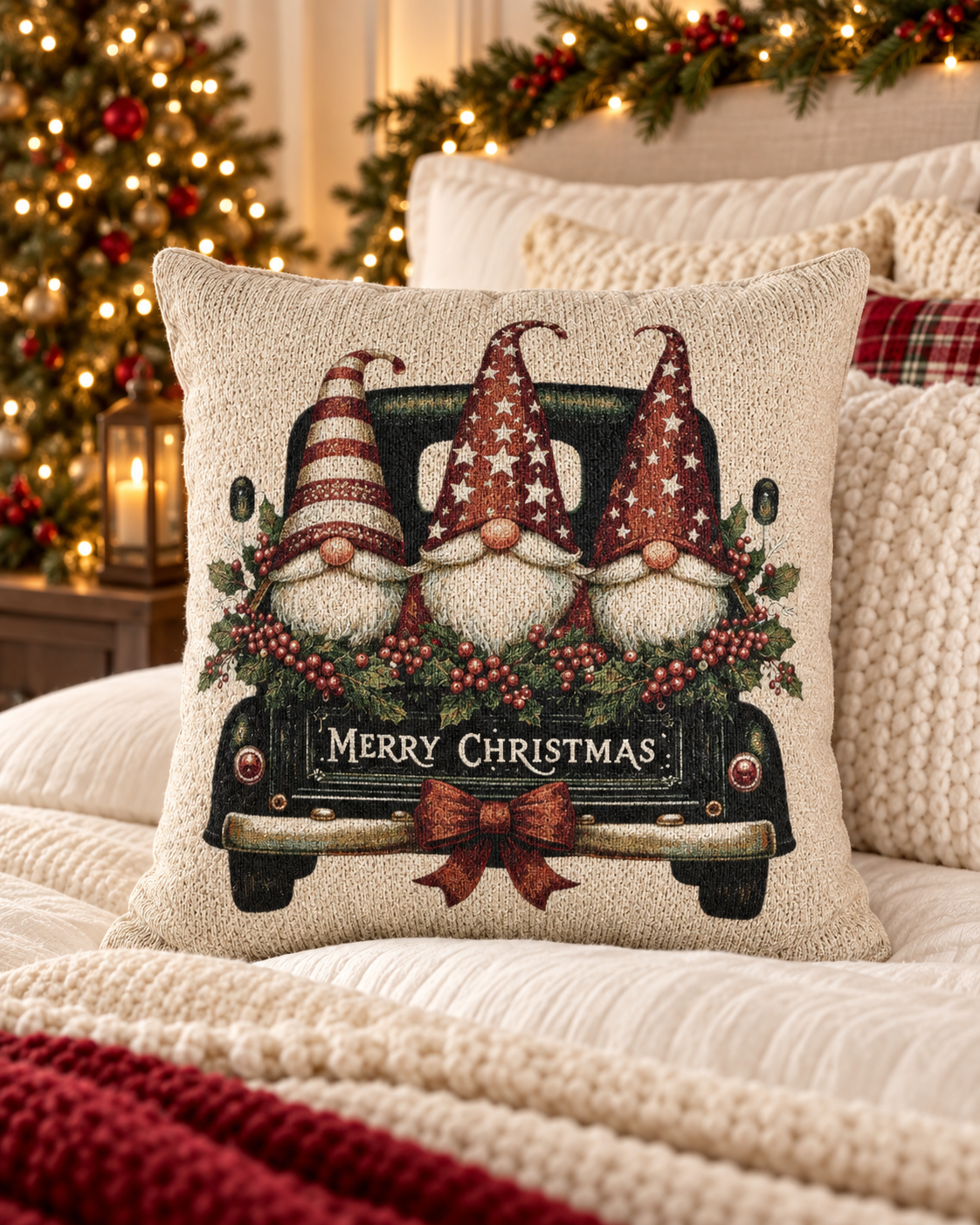 Christmas woven pillow featuring three gnomes in a vintage truck, styled on a bed in a cozy bedroom with a Christmas tree in the background