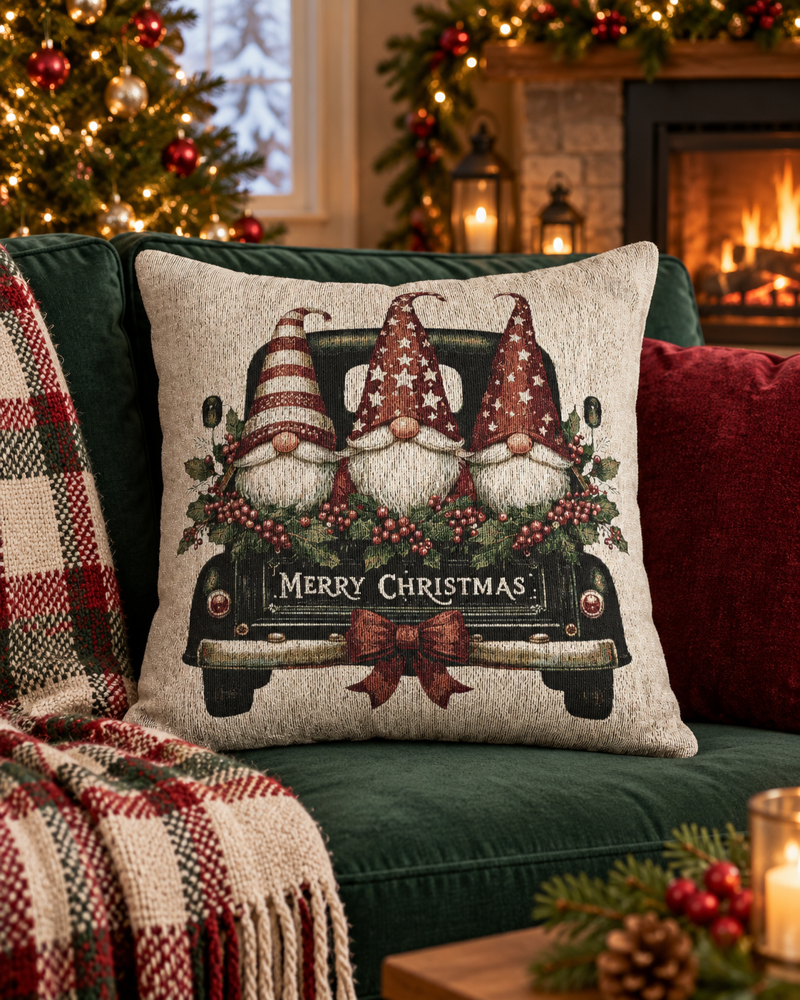 Christmas woven pillow featuring three gnomes in a vintage truck, styled on an armchair with a plaid throw blanket by the fireplace