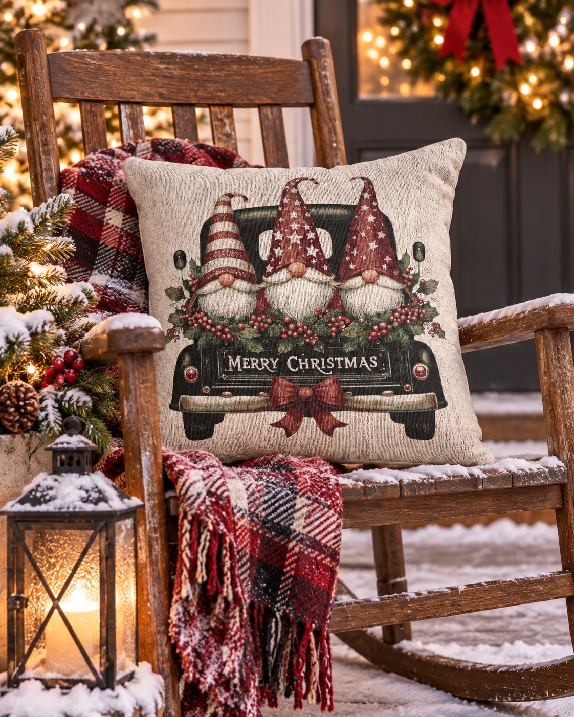 Christmas woven pillow featuring three gnomes in a vintage truck, styled on a bed with a red buffalo check blanket and Christmas lights