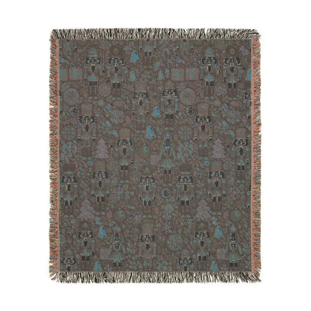 Reverse side of the Christmas nutcracker woven blanket in muted grey