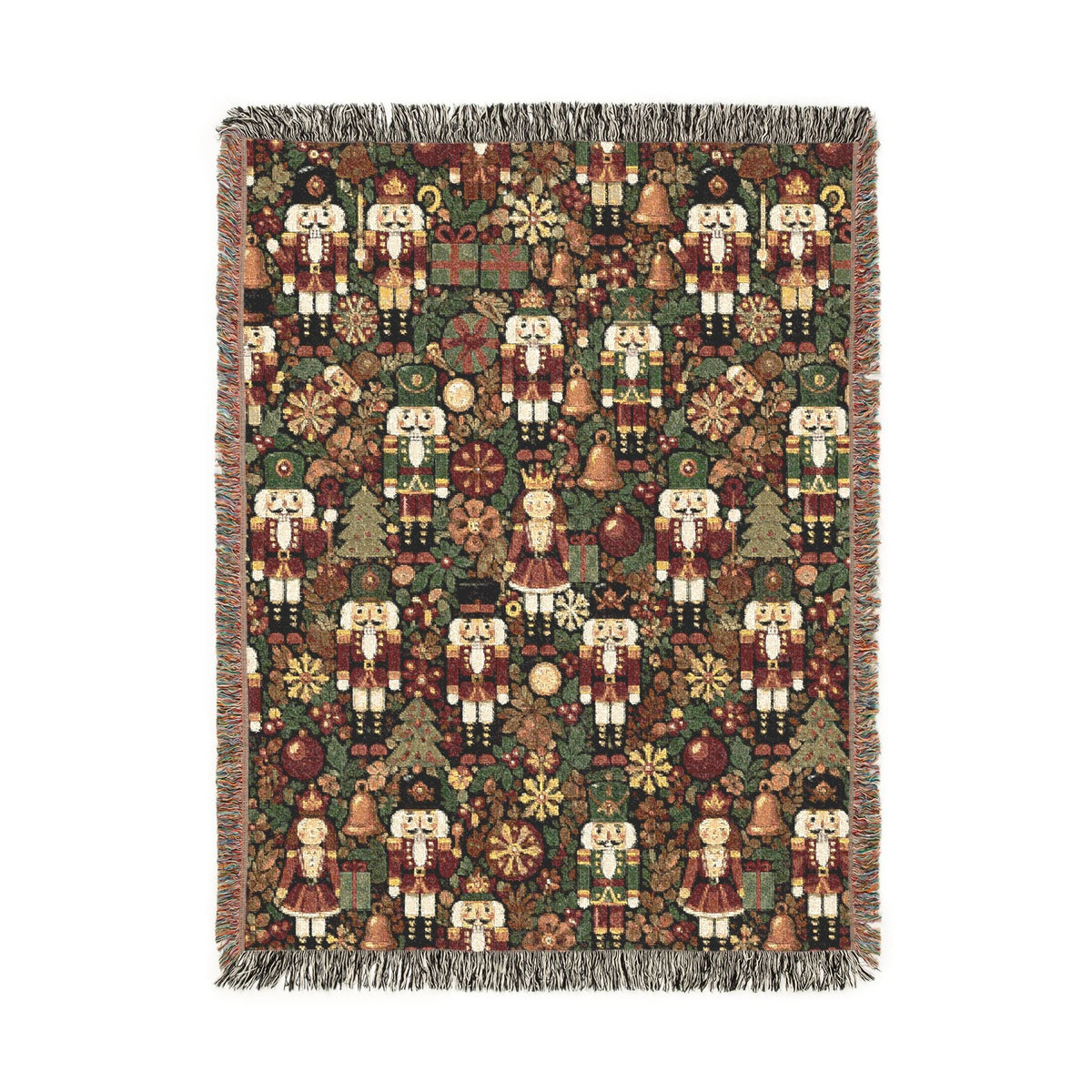 Christmas woven blanket with nutcrackers, gifts and ornaments on a deep green ground, shown flat