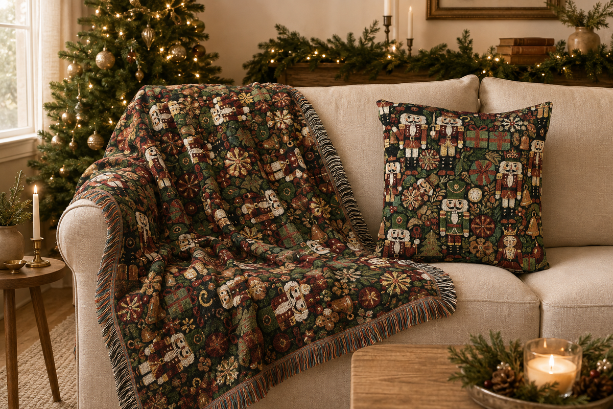 Christmas nutcracker woven blanket with the matching nutcracker woven pillow on a cream sofa by a Christmas tree