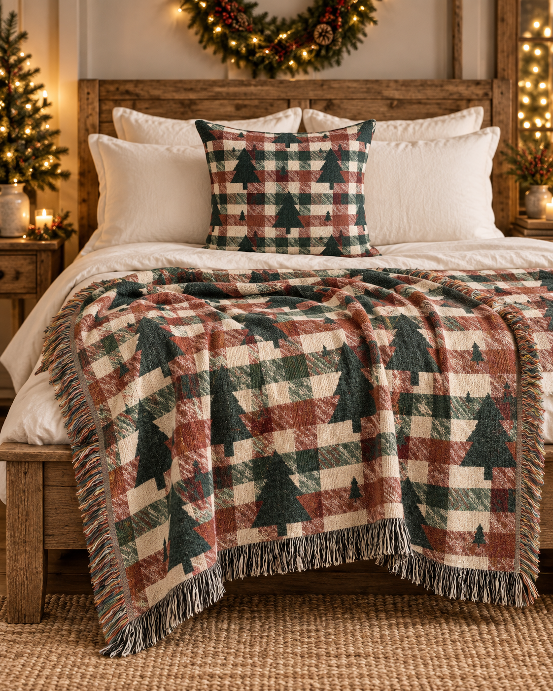 Christmas tree plaid woven blanket styled on a bed with a matching pillow
