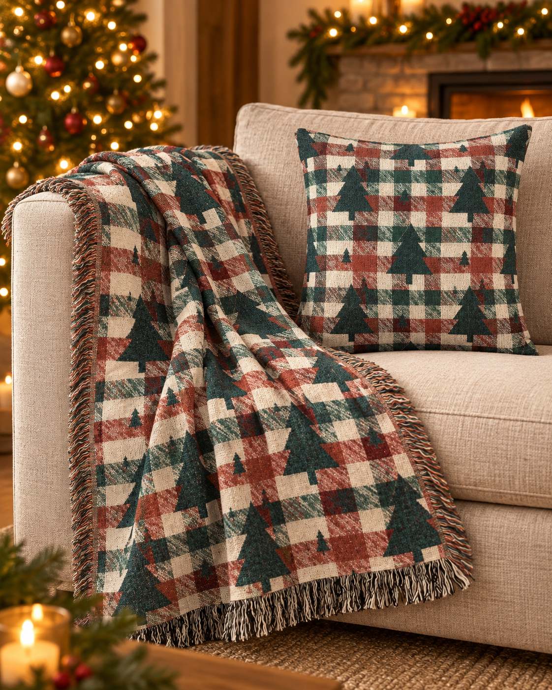 Christmas tree plaid woven blanket and matching pillow draped over a couch near a decorated Christmas tree