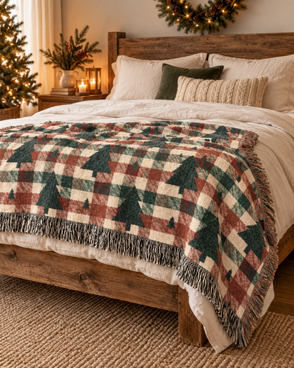 Christmas tree plaid woven blanket styled on a bed in a cozy bedroom