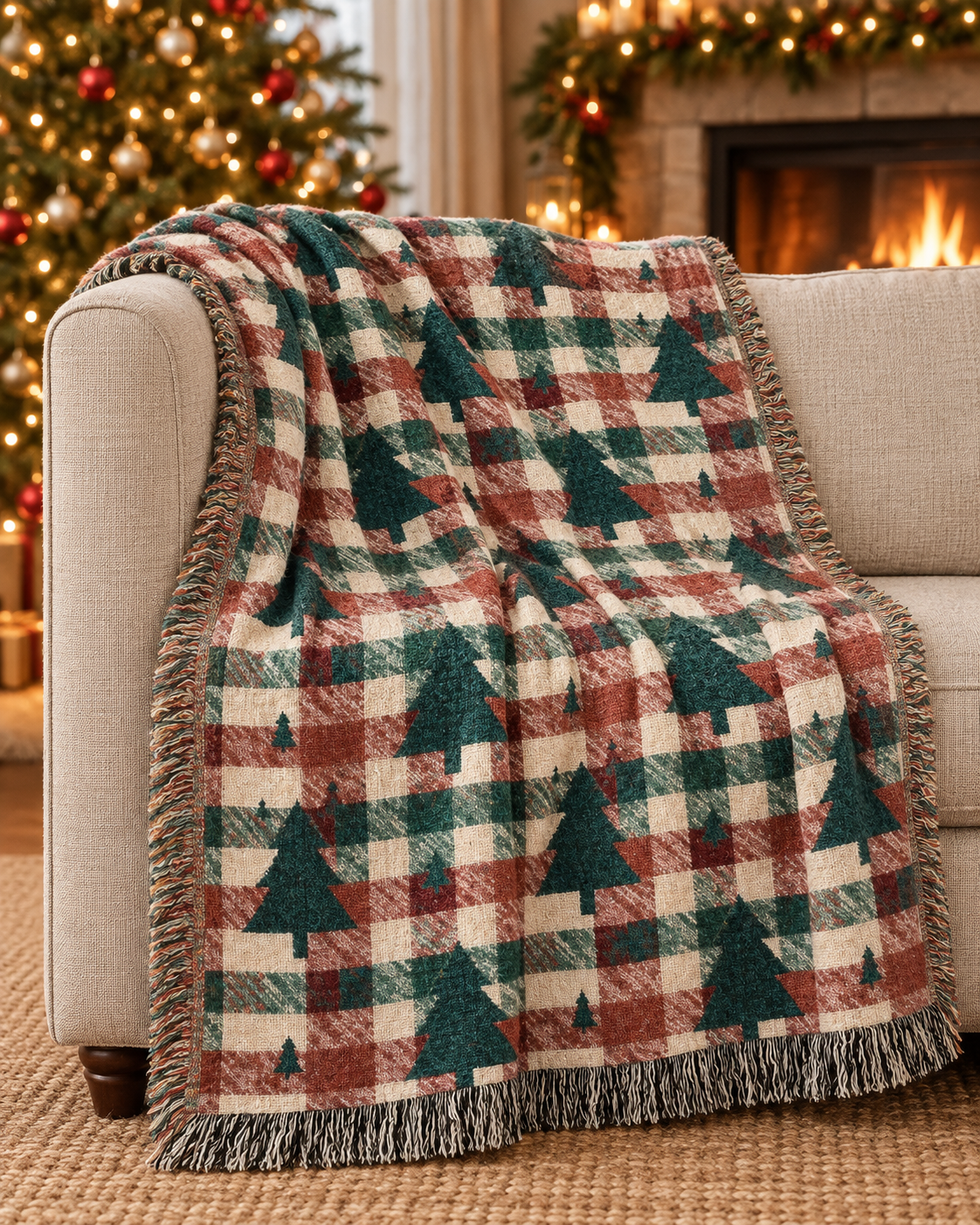 Christmas tree plaid woven blanket draped over a chair in a warmly lit room