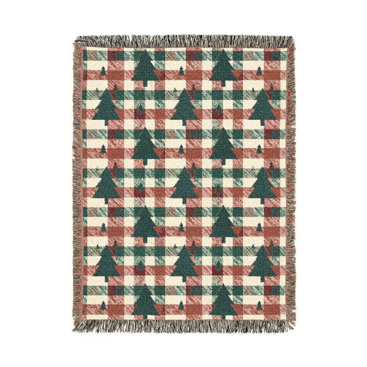 Christmas tree plaid woven blanket featuring dark green tree motifs on a rust and cream buffalo-check pattern