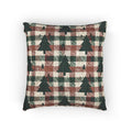 Christmas tree plaid woven pillow featuring dark green tree motifs on a rust and cream buffalo-check pattern