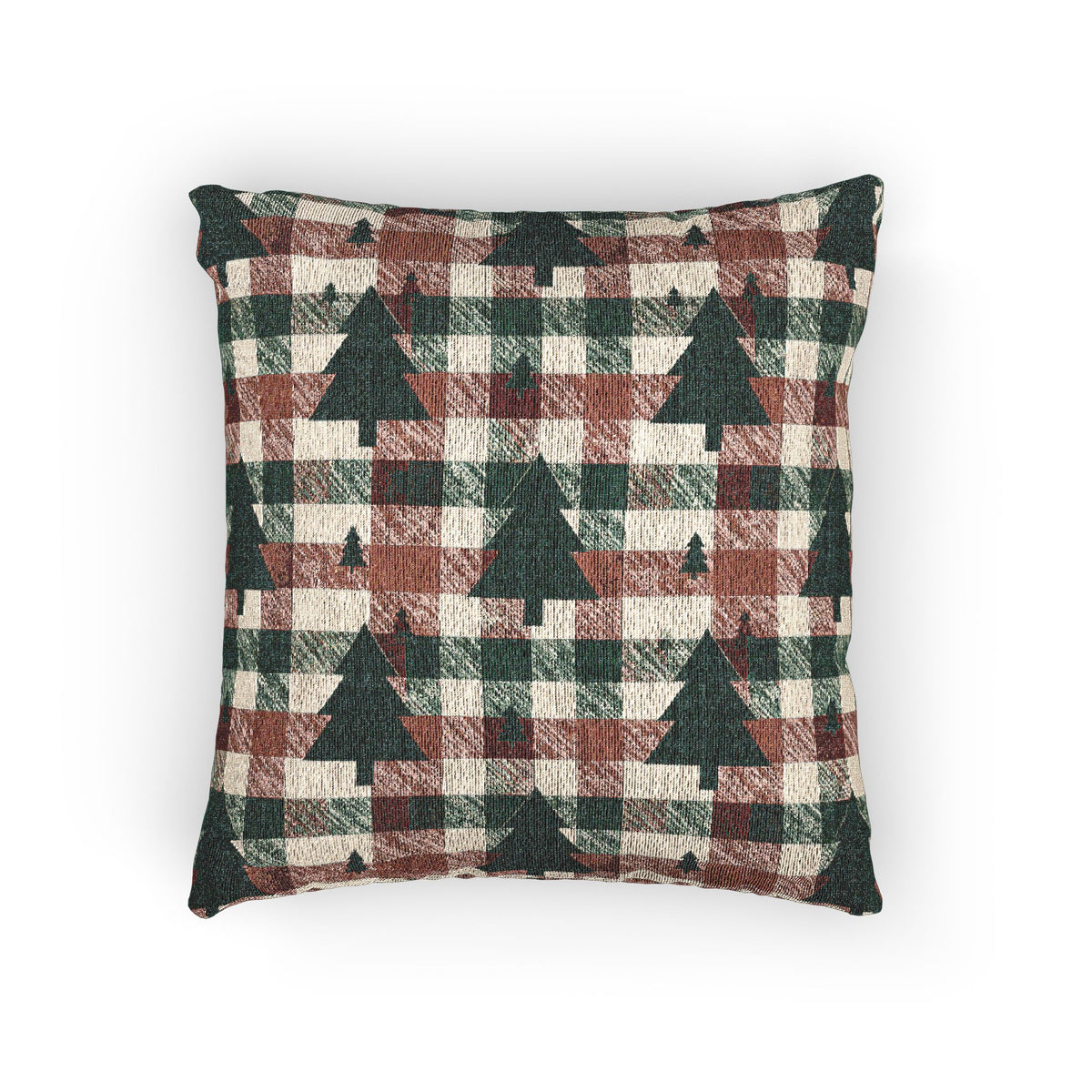 Christmas tree plaid woven pillow featuring dark green tree motifs on a rust and cream buffalo-check pattern