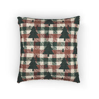 Christmas tree plaid woven pillow featuring dark green tree motifs on a rust and cream buffalo-check pattern