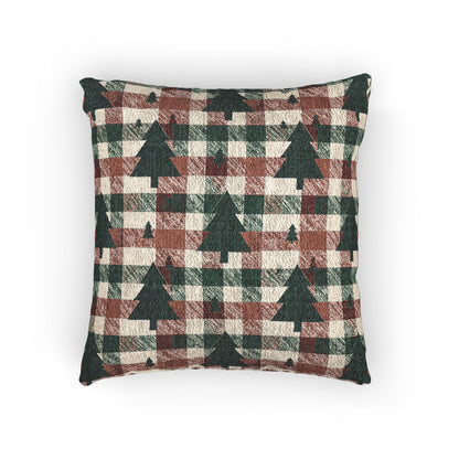 Christmas tree plaid woven pillow featuring dark green tree motifs on a rust and cream buffalo-check pattern