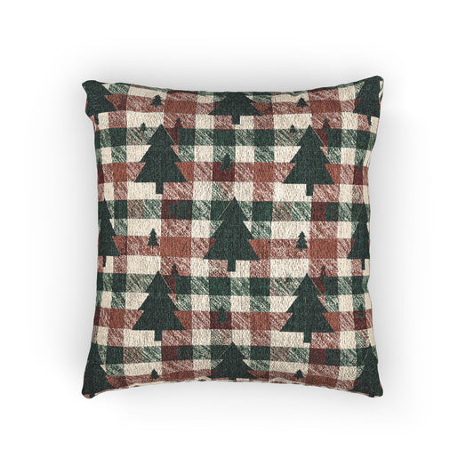 Christmas tree plaid woven pillow featuring dark green tree motifs on a rust and cream buffalo-check pattern