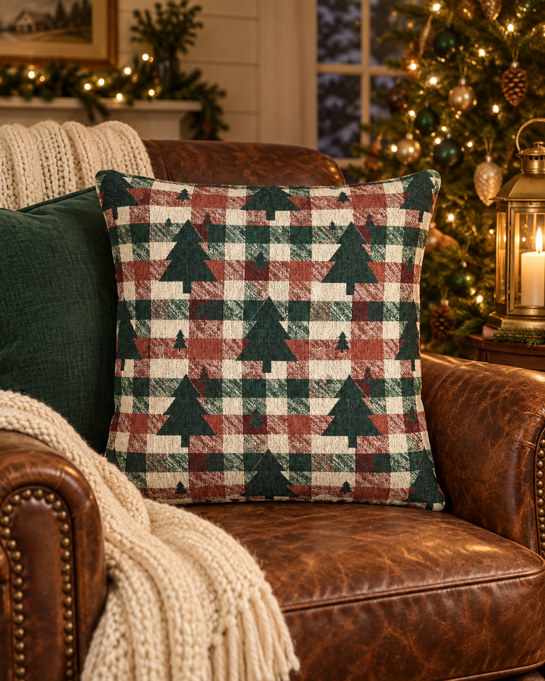 Christmas tree plaid woven pillow styled on a leather armchair near a Christmas tree