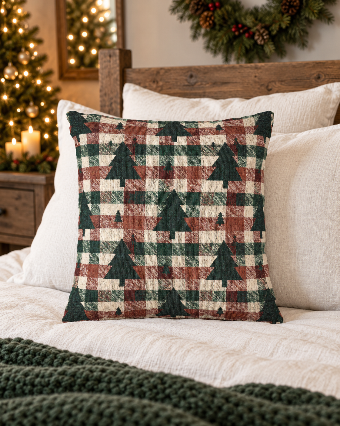 Christmas tree plaid woven pillow styled on a couch by a window with festive lights