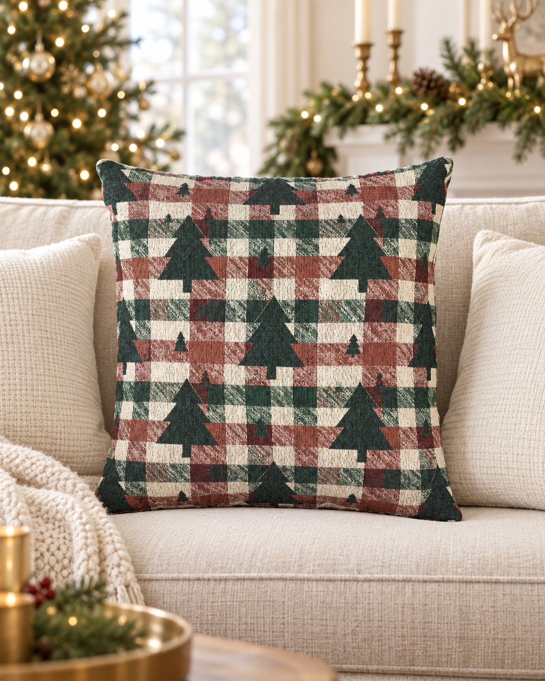 Christmas tree plaid woven pillow styled on a cream couch near a Christmas tree