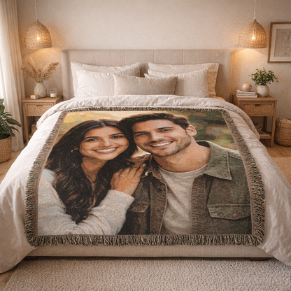 Custom photo woven blanket with a couple photo, spread on a bed
