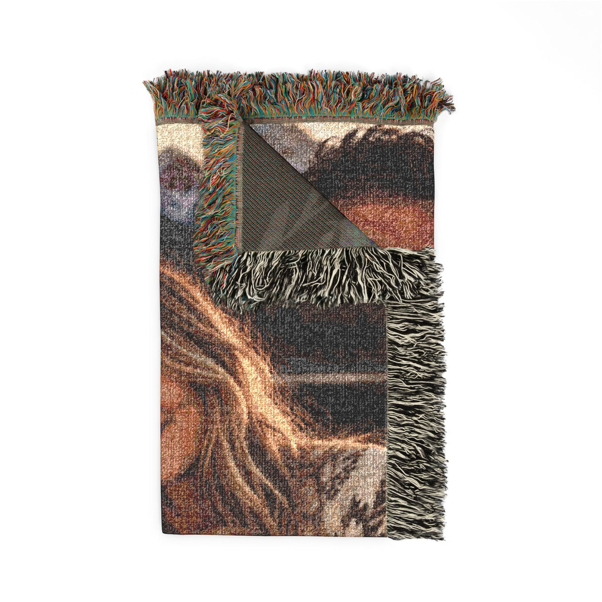 Folded corner detail of the custom photo woven blanket showing the fringe edge