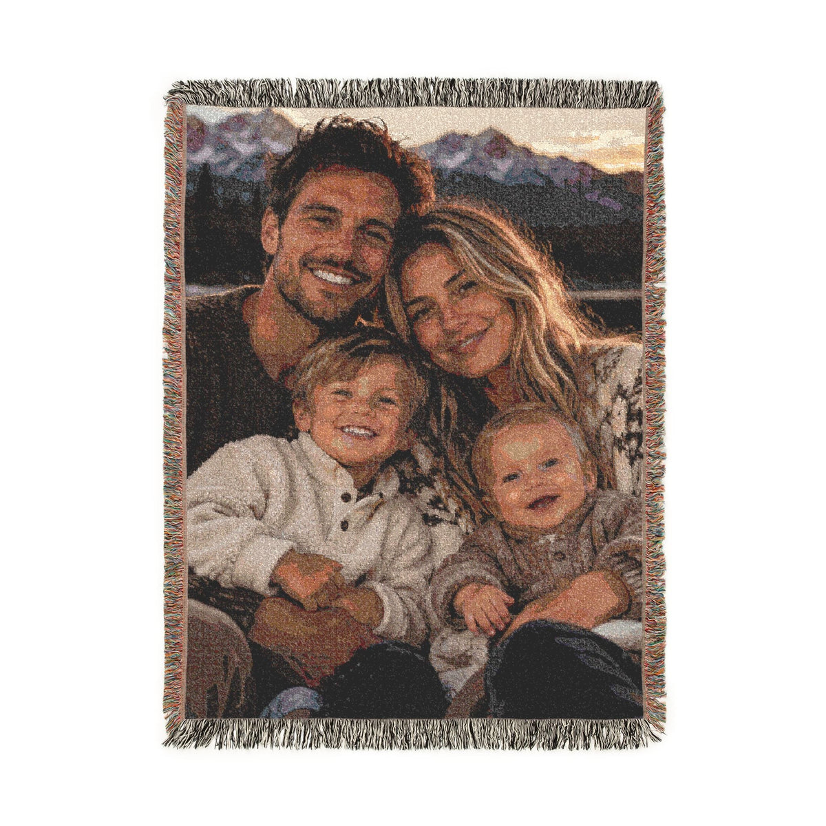 Custom photo woven blanket with a family portrait of a couple and two children woven in, front view