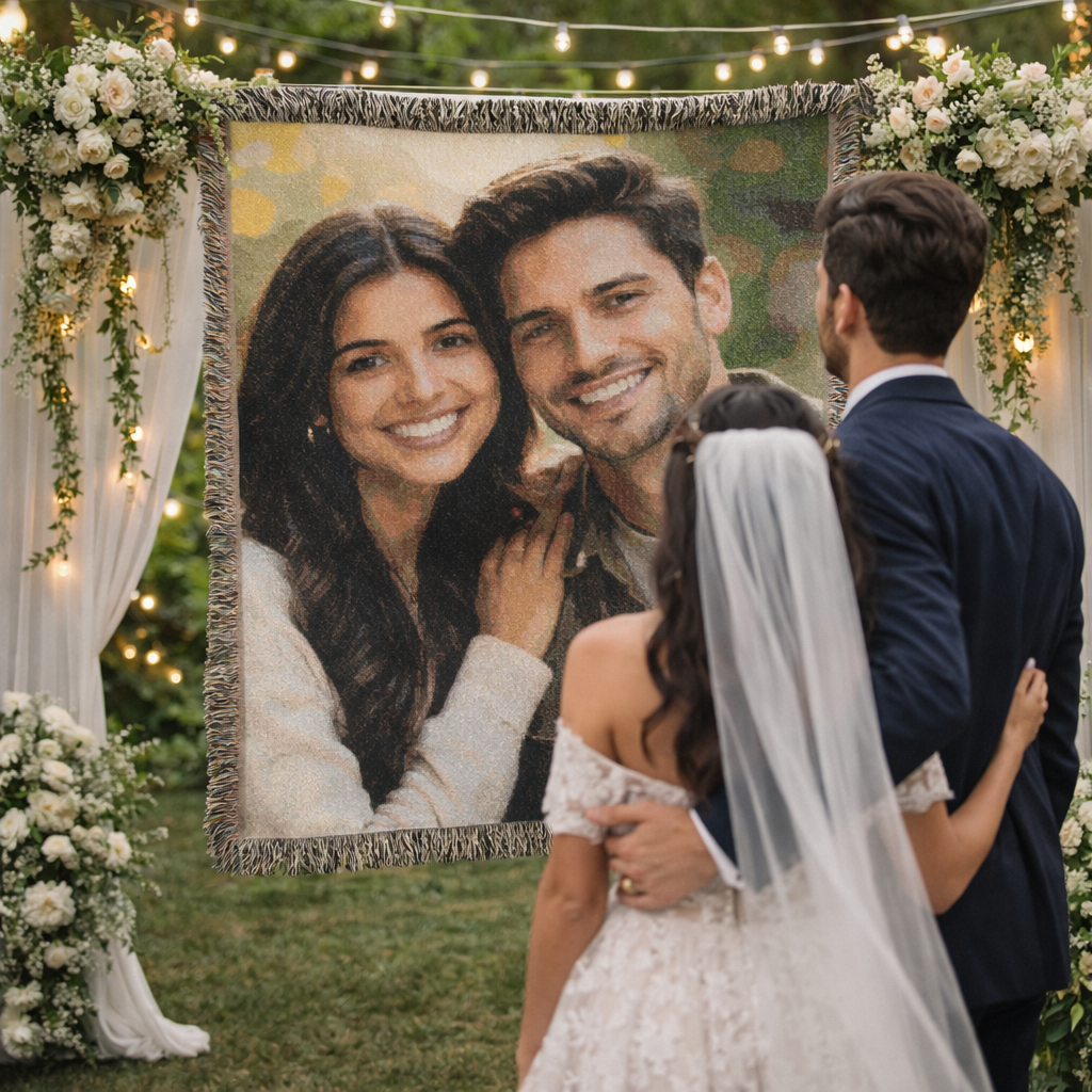 Custom photo woven blanket featuring a wedding couple photo, displayed outdoors at a wedding