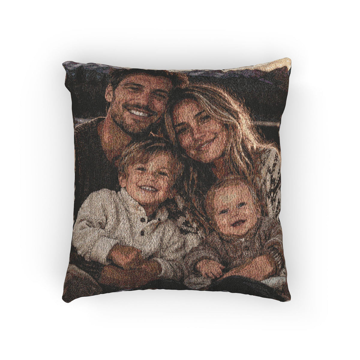 Custom photo woven pillow featuring a family photo woven into the fabric