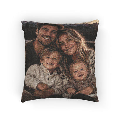 Custom photo woven pillow featuring a family photo woven into the fabric