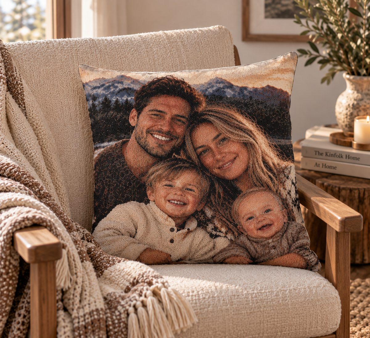 Custom photo woven pillow with a family photo, styled on a cozy couch
