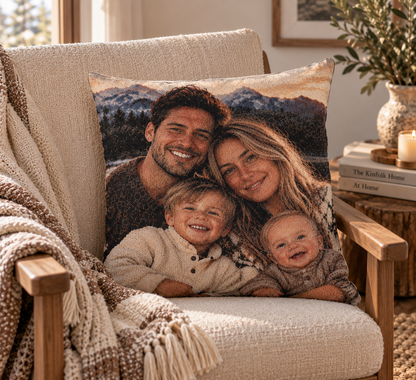 Custom photo woven pillow with a family photo, styled on a cozy couch