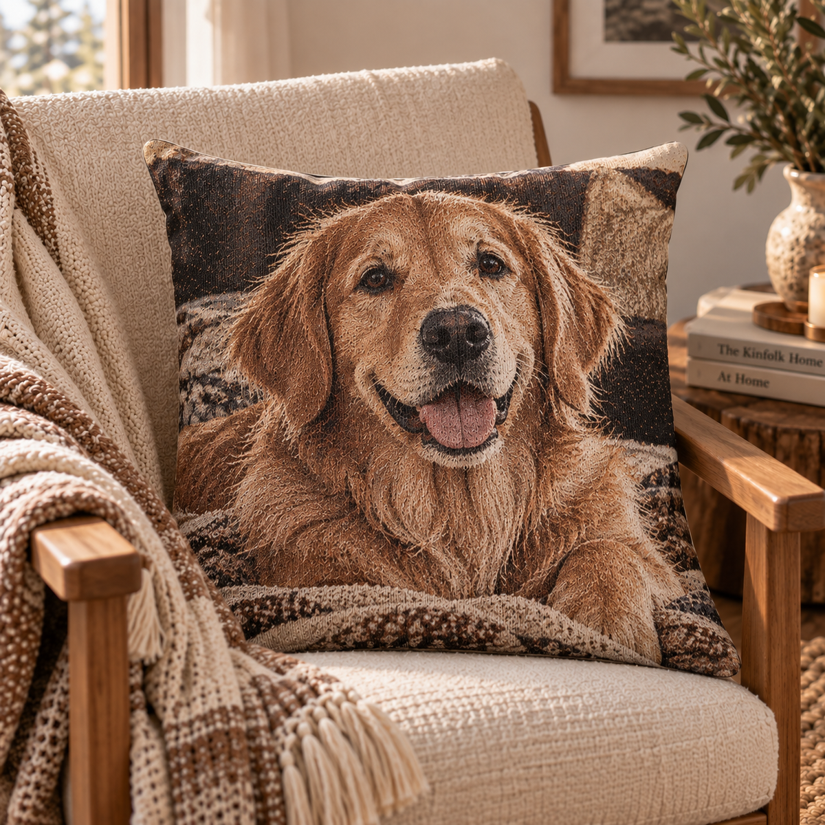 Custom photo woven pillow featuring a beloved pet dog, styled on a chair