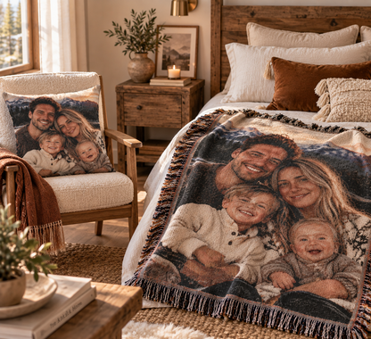 Custom photo woven pillow with a family photo, styled on a bed with a matching blanket