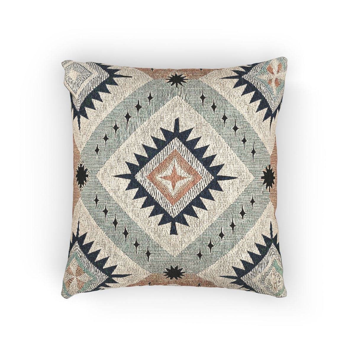 Desert Star woven pillow with a navy starburst medallion, terracotta and sage bands on cream, front view