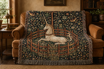 Unicorn tapestry blanket hung on a wall as art