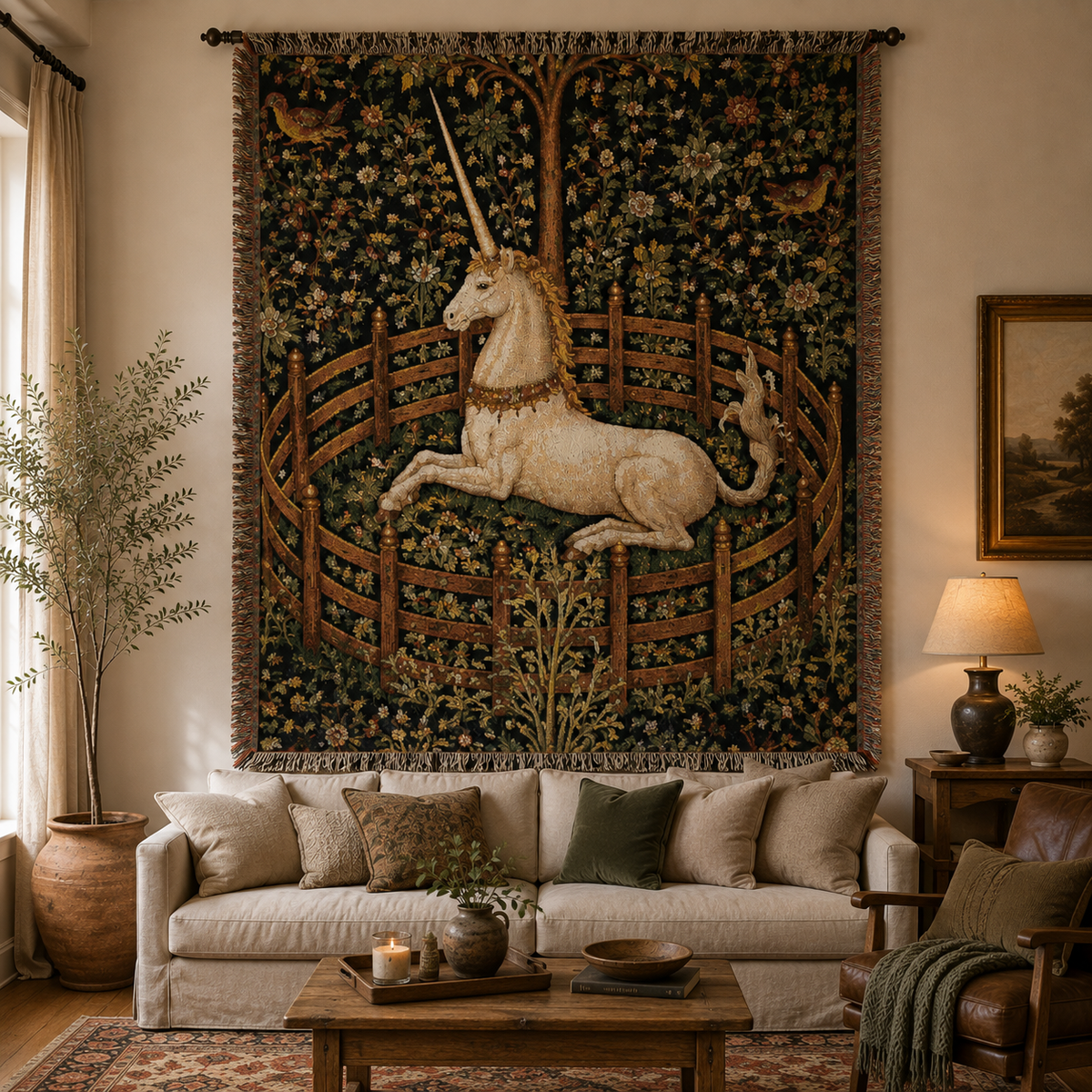 Medieval unicorn garden tapestry draped over a sofa