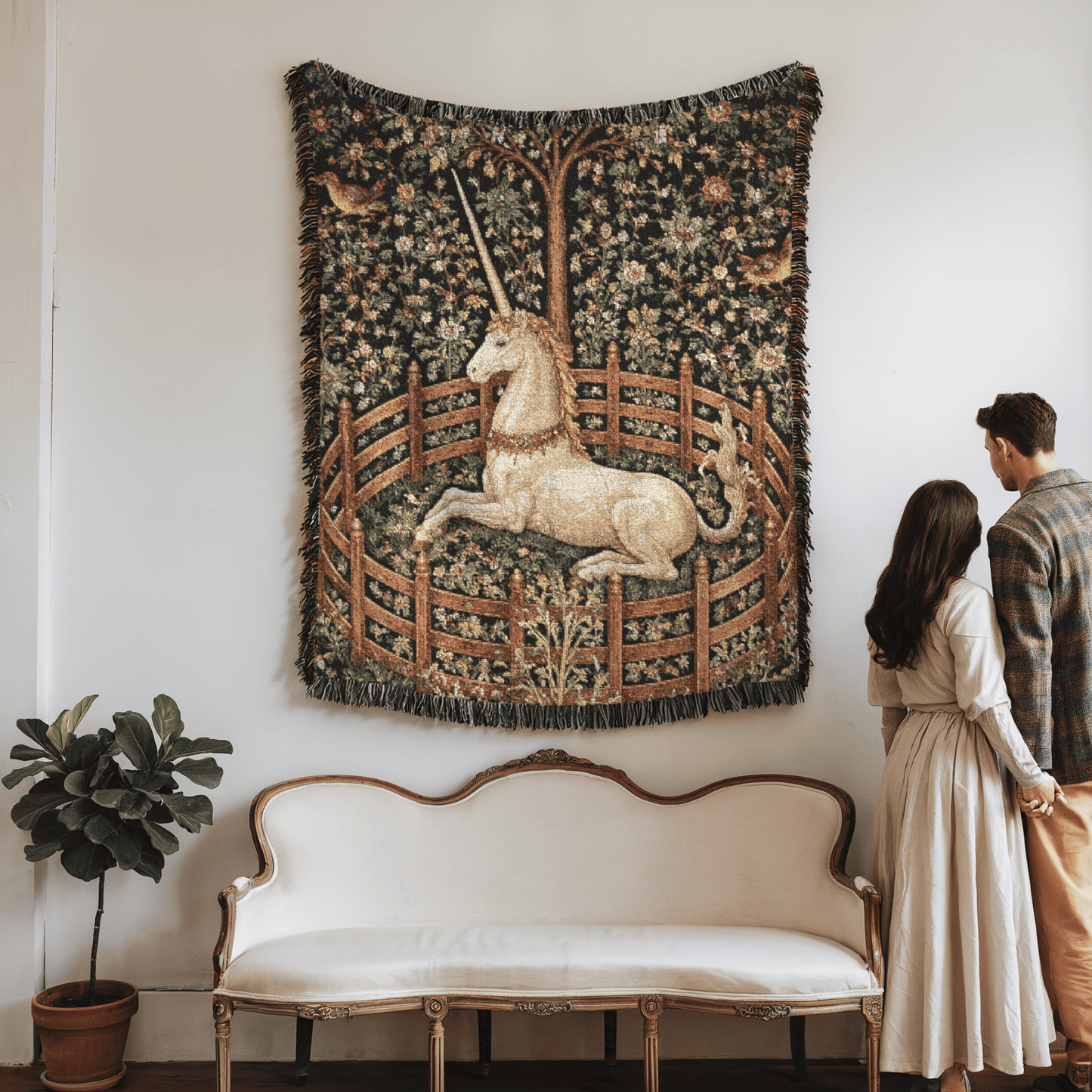 Enchanted unicorn woven tapestry styled in a living room